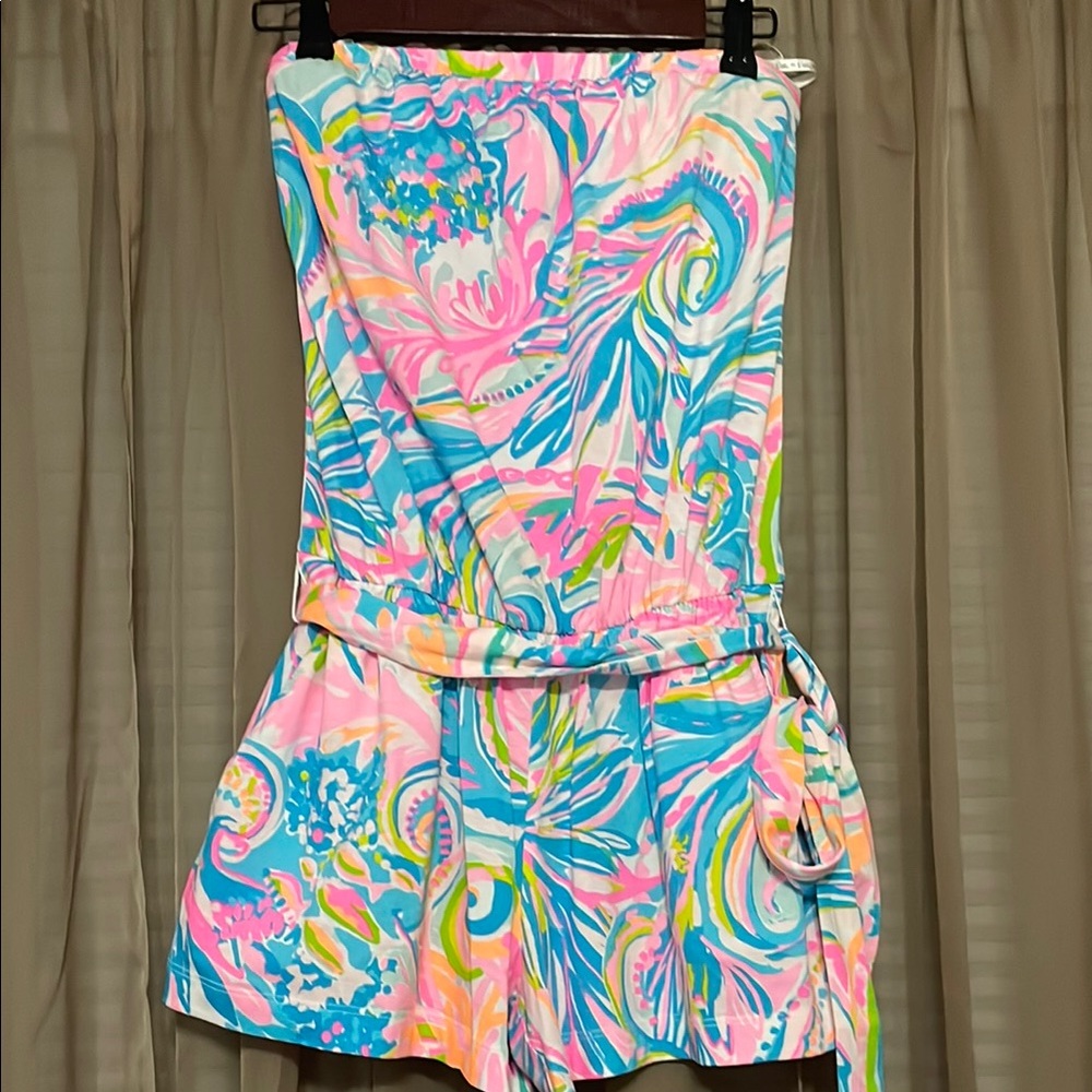Lilly Pulitzer Pink and Blue Strapless Romper Vibrant Print